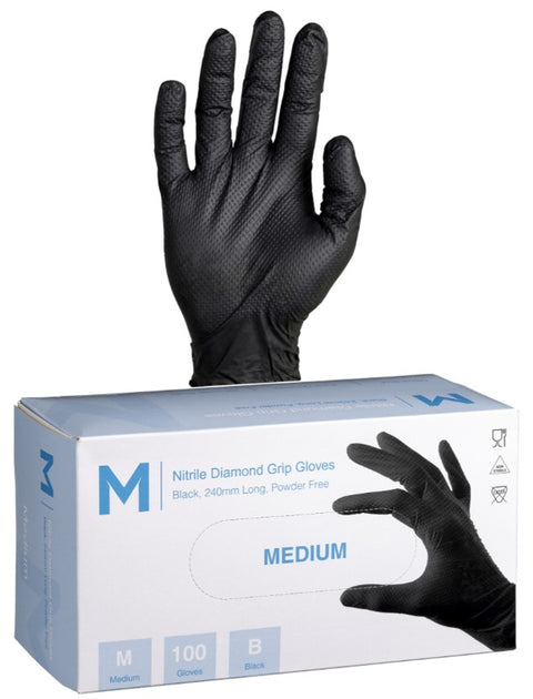 Nitrile Diamond Grip Gloves Powder Free - Black, M, 240mm Cuff, 9.0g (Box Of 1000)