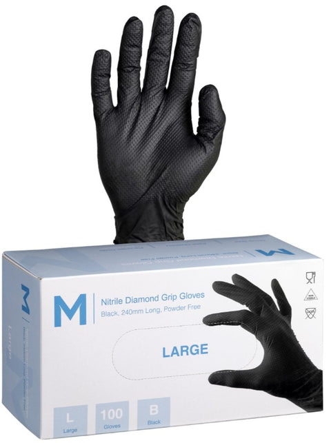 Nitrile Diamond Grip Gloves Powder Free - Black, L, 240mm Cuff, 9.0g (Box Of 1000)