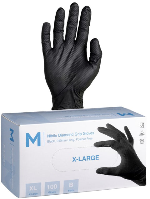 Nitrile Diamond Grip Gloves Powder Free - Black, XL, 240mm Cuff, 9.0g (Box Of 1000)