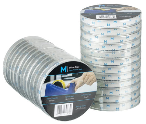 Acrylic Office Tape - Clear, 12mm x 66m x 45mu, 76.2mm Core (Box Of 144) *Large Core