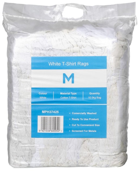 White T-Shirt Rags - White, 10.0kg Compressed Bag *A Grade Quality