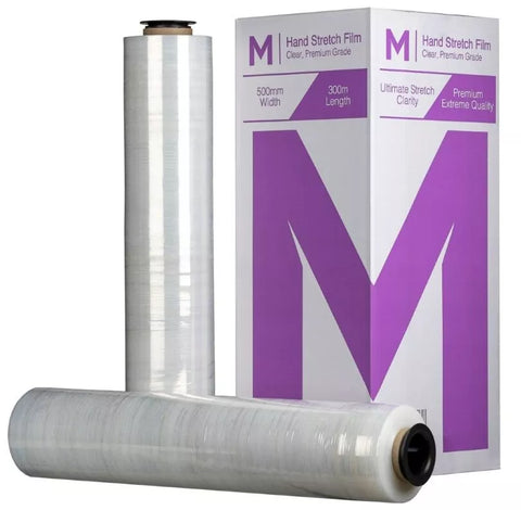 Cast Hand Stretch Film - Clear, 500mm x 300m x 20mu (Box Of 4 Rolls) + 4 Free End Caps