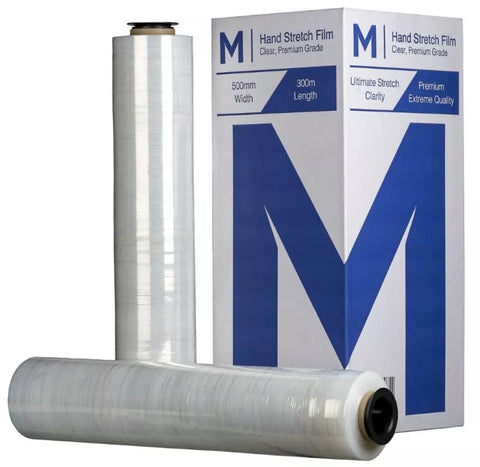 Cast Hand Stretch Film - Clear, 500mm x 300m x 23mu (Box Of 4 Rolls) + 4 Free End Caps