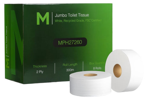 Recycled Jumbo Toilet Tissue Boxed - White, 2 Ply, 300m, FSC Recycled® (Box Of 8)