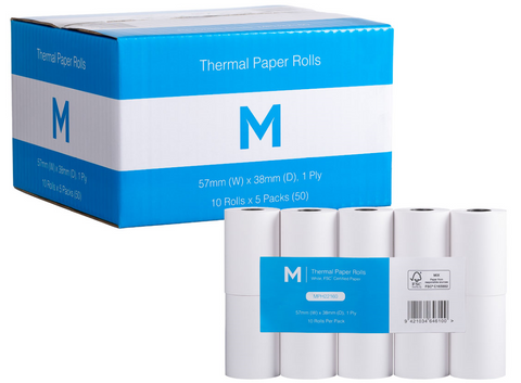 Thermal Paper Roll - White, 57mm x 38mm, 1 Ply, FSC Mix® *Eftpos Machine(500 Rolls)