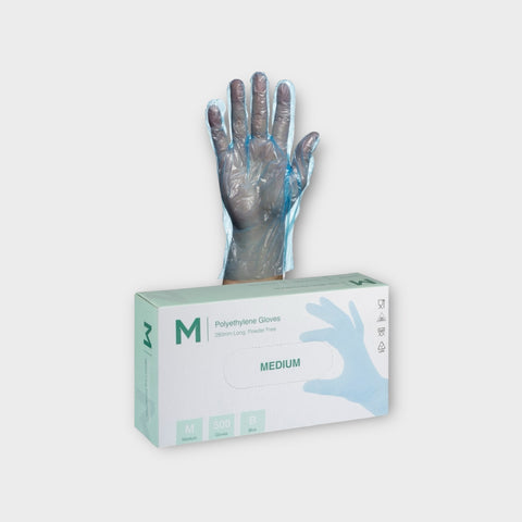 Polyethylene Gloves - Blue, M, 240mm Cuff, 1.0g (Box Of 5000)