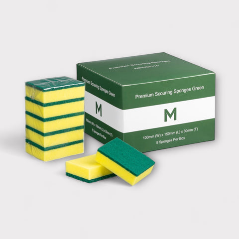 Premium Scouring Sponges - Yellow/Green, 100mm x 150mm x 30mm (Box Of 40)